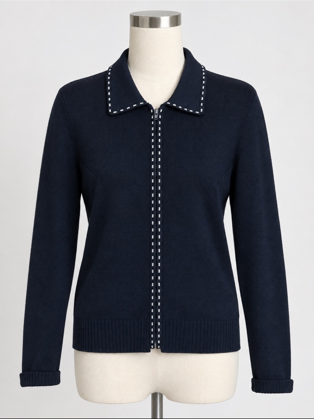 Navy Zip-Front Women's Sweater with Contrast Stitching